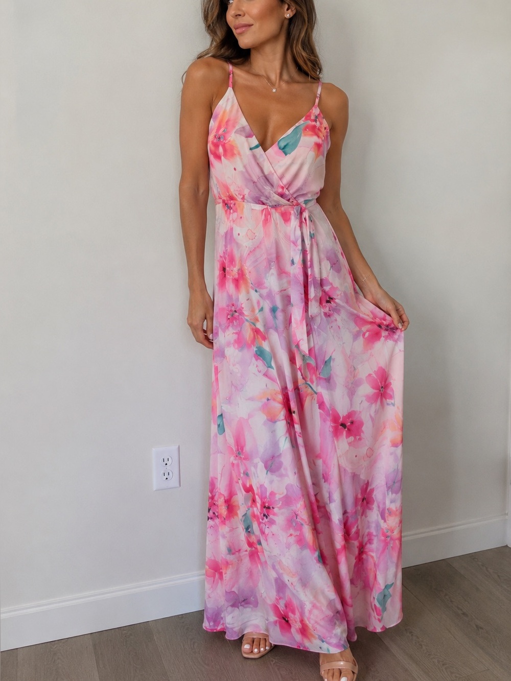 Nicole Miller Pink Floral  Maxi Dress with a side slit